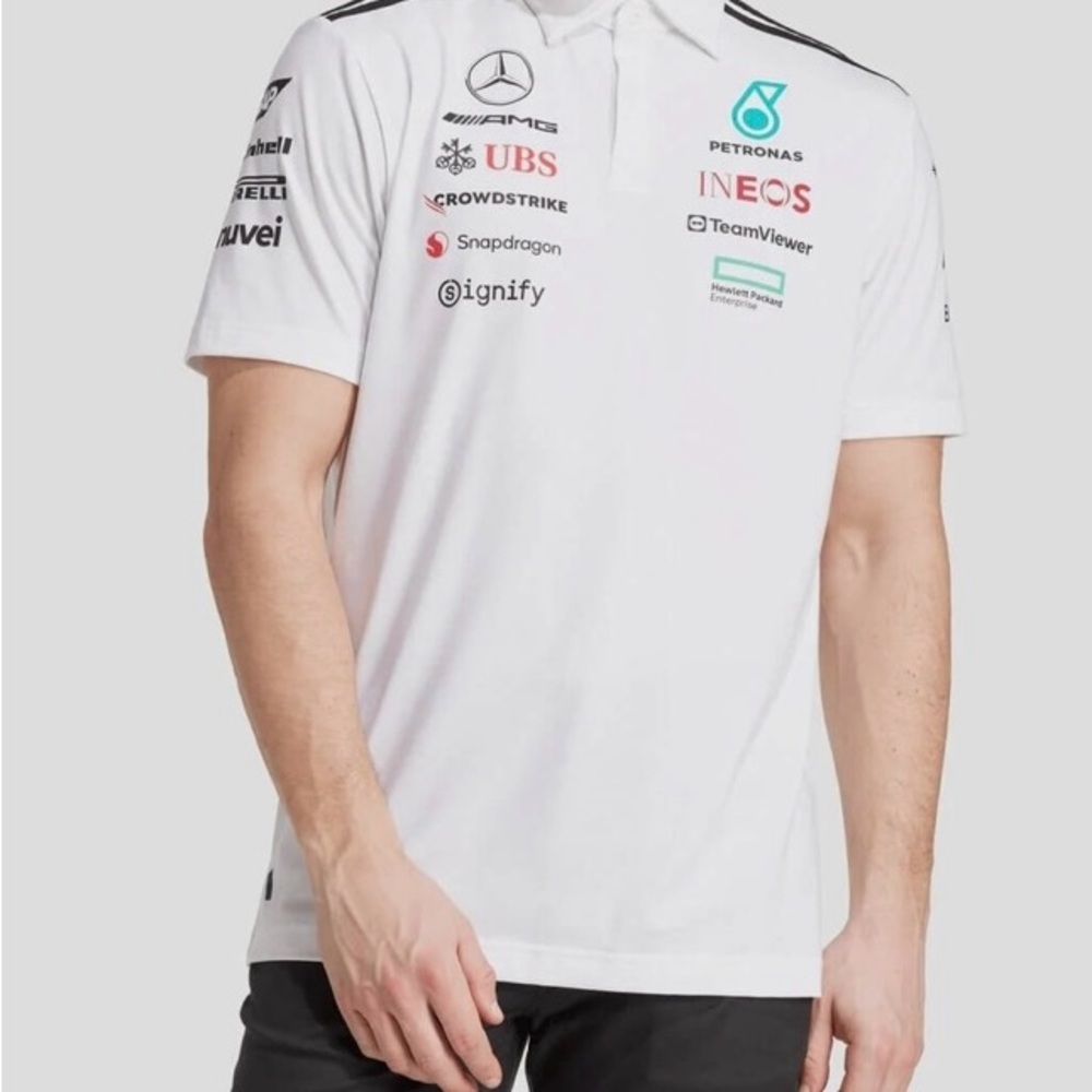 NWT Adidas Mercedes White Team Polo with Sponsor Logos
